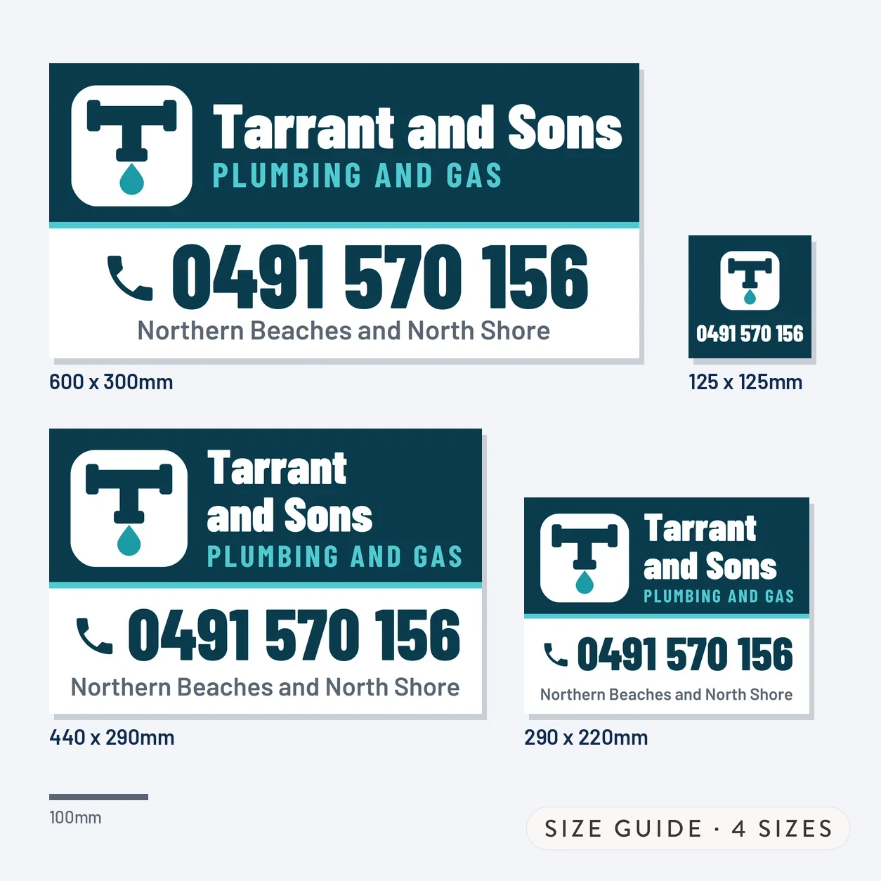 Four scaled illustrations of a dark teal and white plumbing door sign on a pale grey background, from a full door panel to a small square.