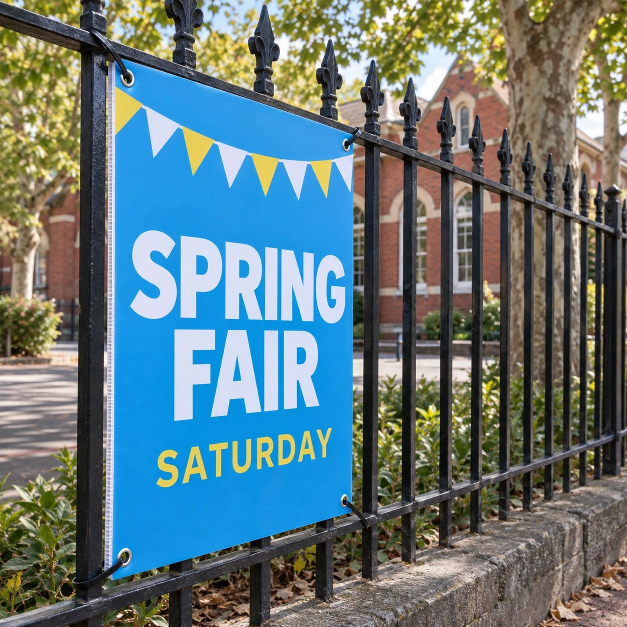 A portrait bright blue corflute sign tied through corner eyelets to a black iron fence, with bunting, white and yellow capitals.