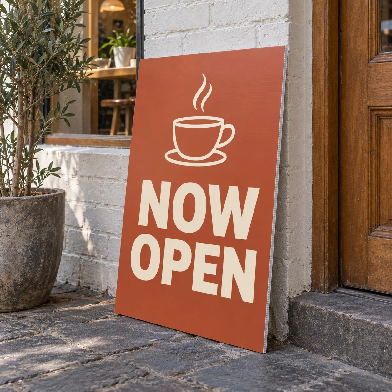 A portrait terracotta red corflute sign with cream capitals and a line drawing of a steaming coffee cup leans against a white brick wall.