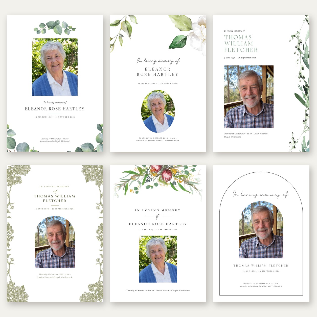 Six funeral order of service booklet covers in two rows of three on a pale background, each with a sample name and dates