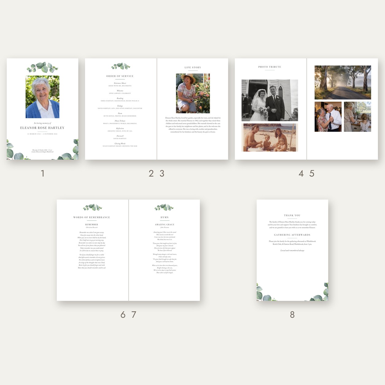 Eight page plan of Eucalyptus order of service booklet on pale background with page numbers 1 to 8 under each page