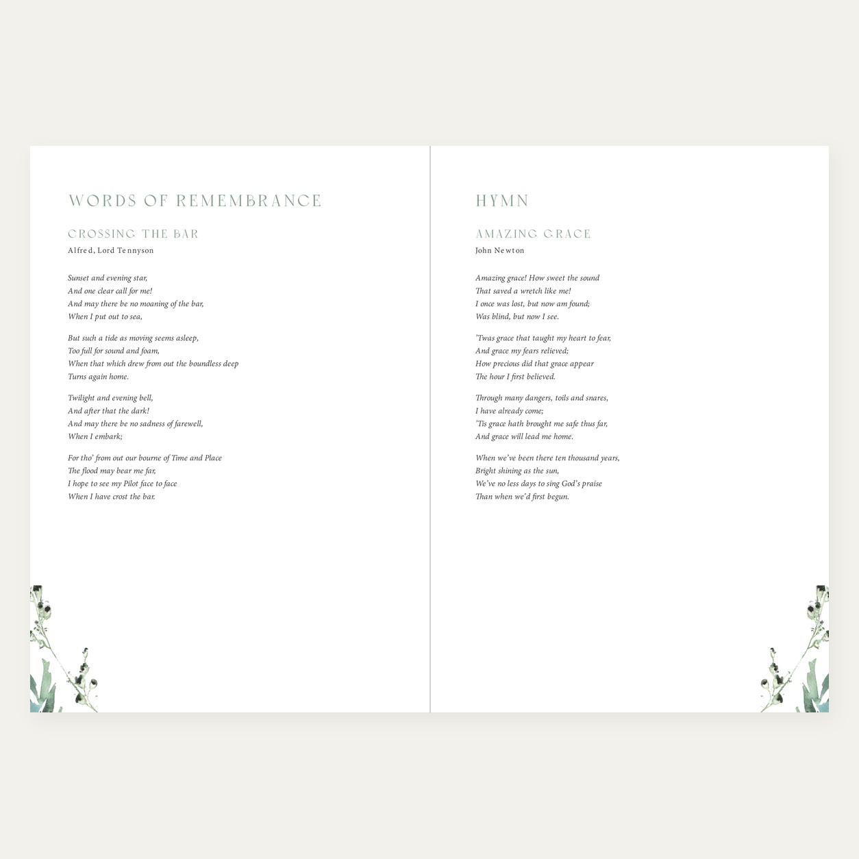 Love and Leaves sample booklet open at pages 6 and 7 with Crossing the Bar by Tennyson and Amazing Grace by John Newton