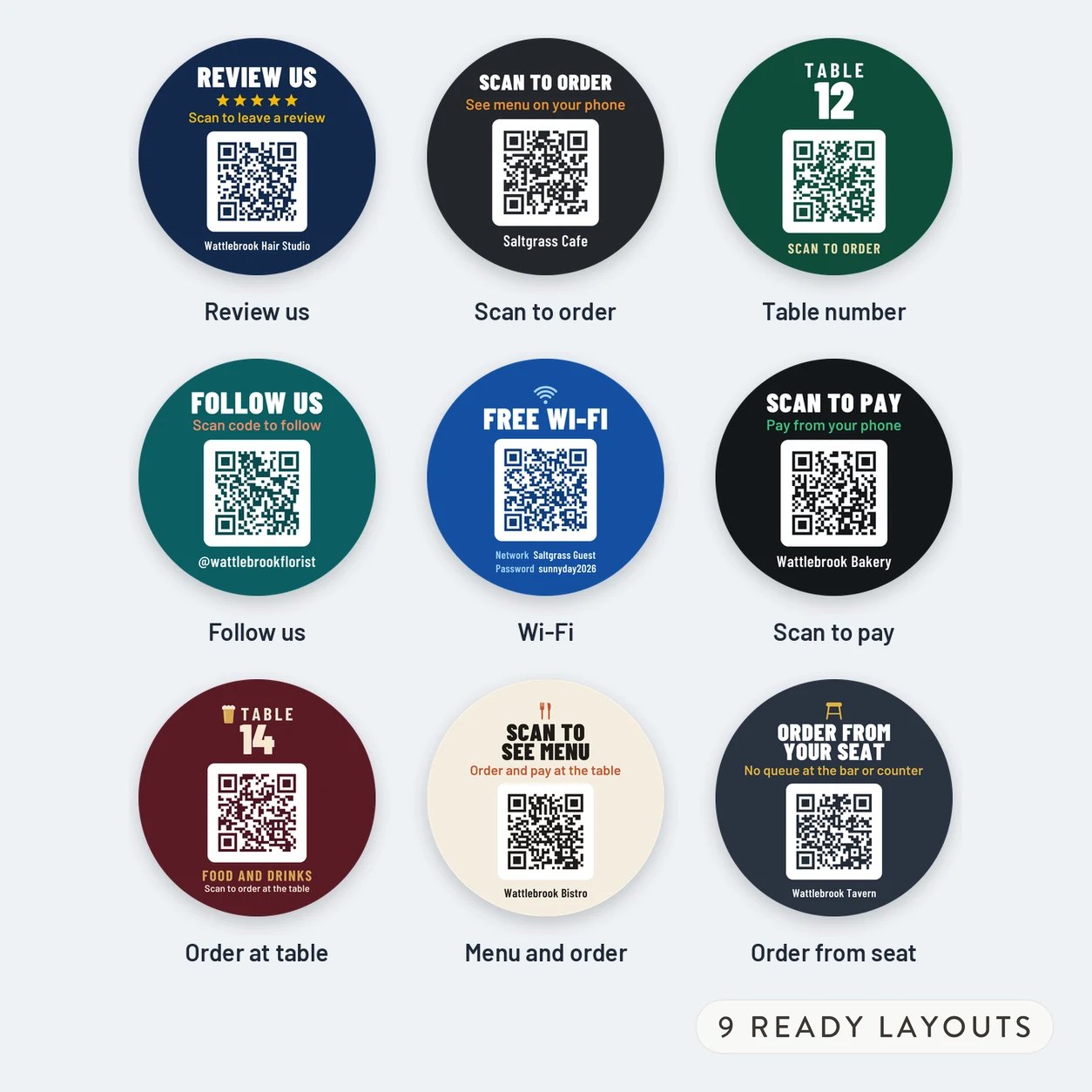 Nine round QR code sticker layouts grouped in three rows with labels for reviews, orders, tables and menu use