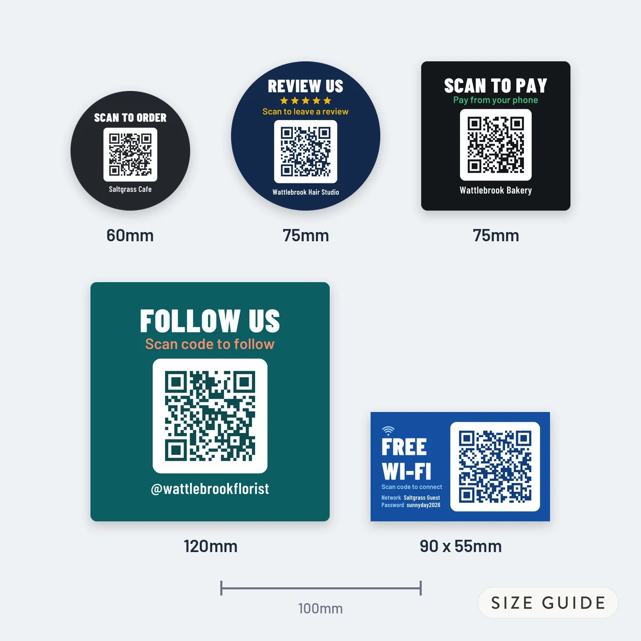 A size guide with 100mm scale bar for QR code sticker sizes 60 and 75mm circles, 75mm square, 120mm square and 90 x 55mm card