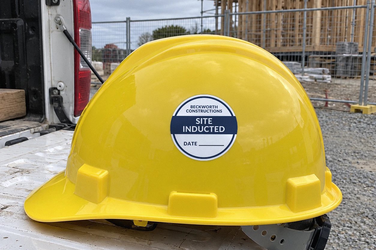Yellow hard hat with a round navy and white Site inducted hard hat sticker resting on a white ute tailgate at a building site