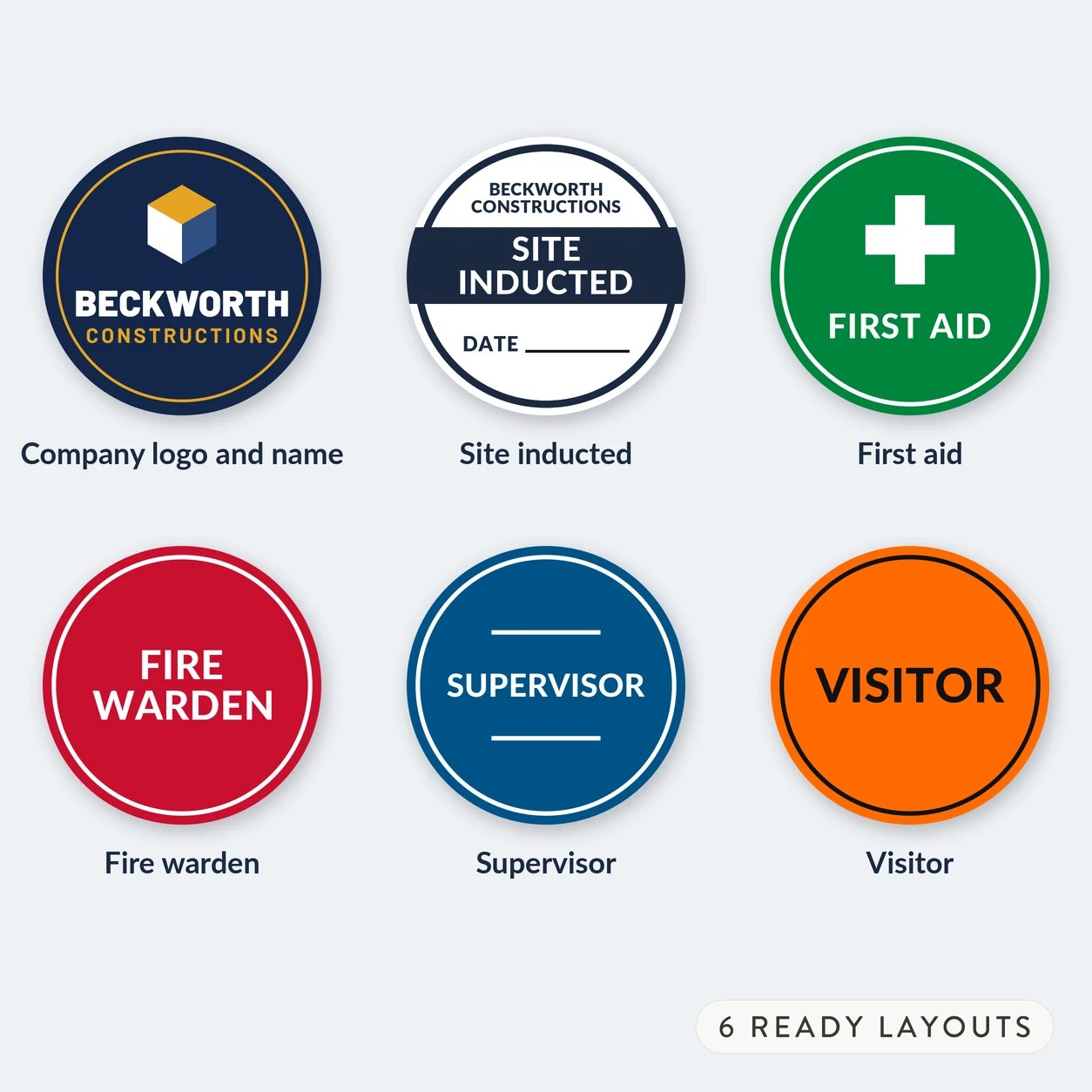 Six round hard hat sticker layouts on a pale grey background with Company logo and name through Visitor