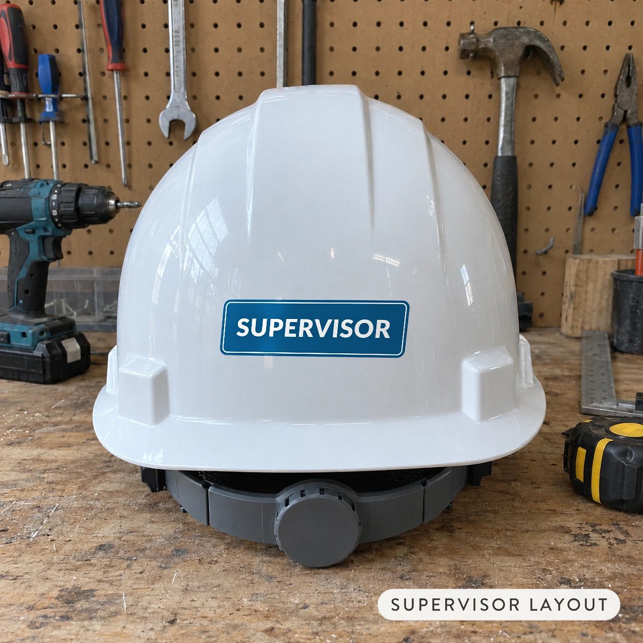 Supervisor strip sticker on the back of a white hard hat, a blue rounded SUPERVISOR label across it on a workbench