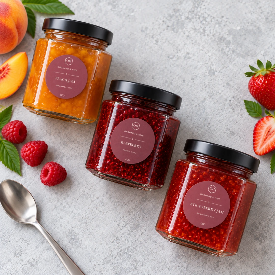 Three hexagonal jam jars with black lids on grey stone, burgundy circle labels in white with flavour names and fresh fruit around