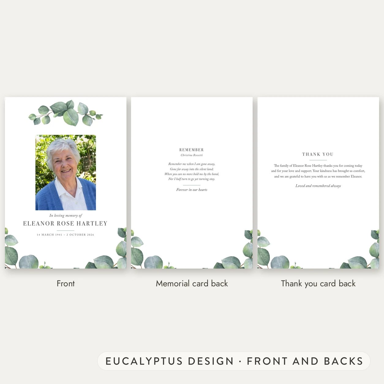 An A6 Eucalyptus memorial card front and back with a photo, a memorial card back verse and a thank you card back line