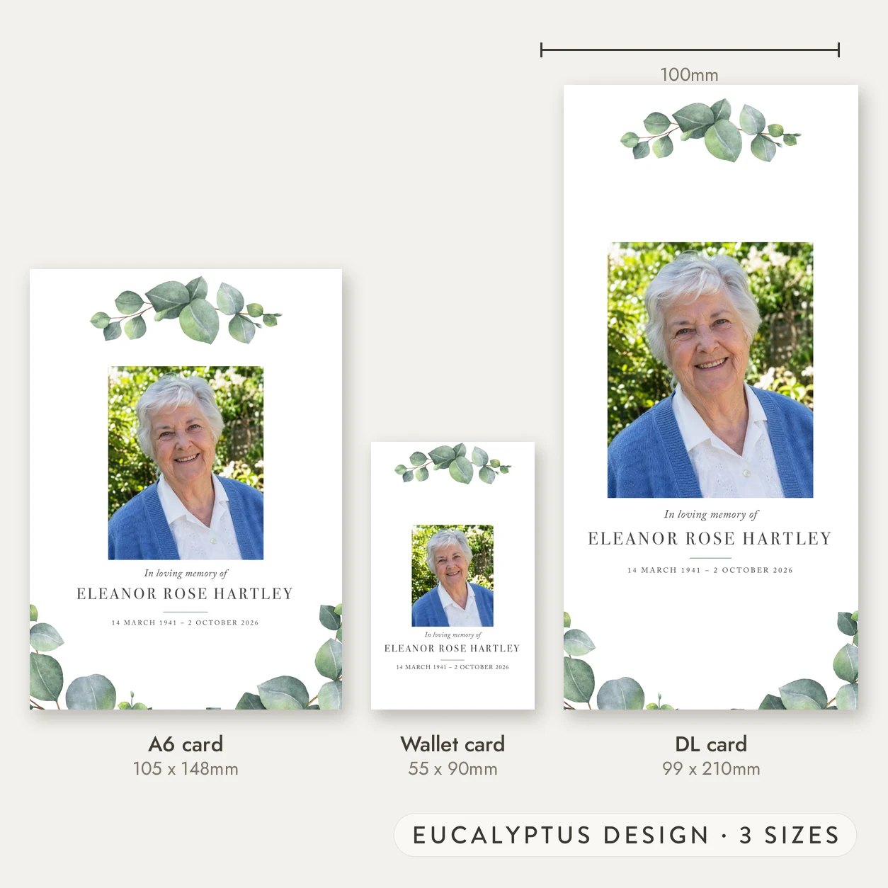 Memorial card sizes with three Eucalyptus cards at true scale and a 100mm scale bar for A6, Wallet and DL sizes