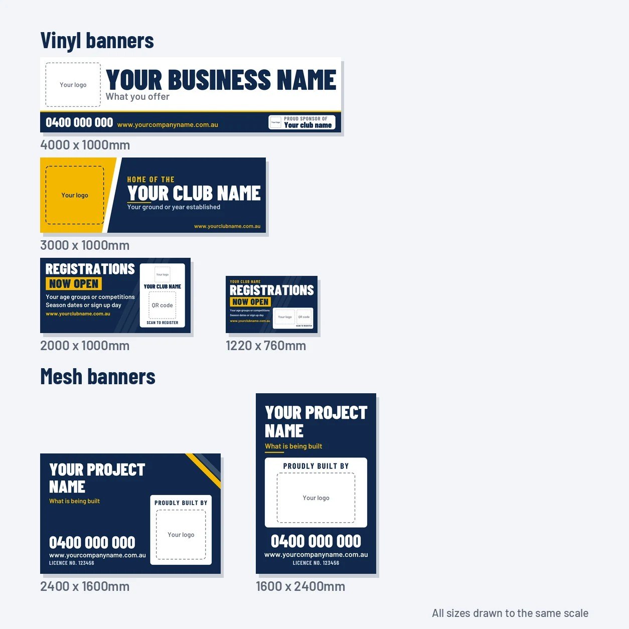 A size guide showing vinyl and mesh banner sizes on a pale grey background
