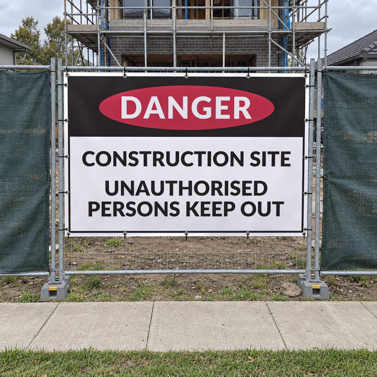 White and black mesh danger construction site banner with a red DANGER oval cable tied to a temporary fence panel, with shade cloth panels either side and scaffolding behind