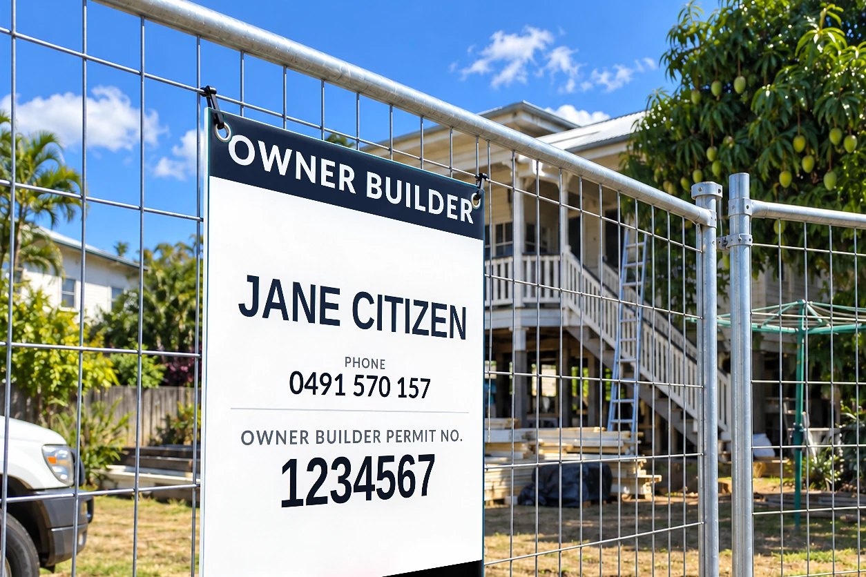 Queensland owner builder sign with navy OWNER BUILDER header, name, phone number and permit number cable tied to mesh fencing