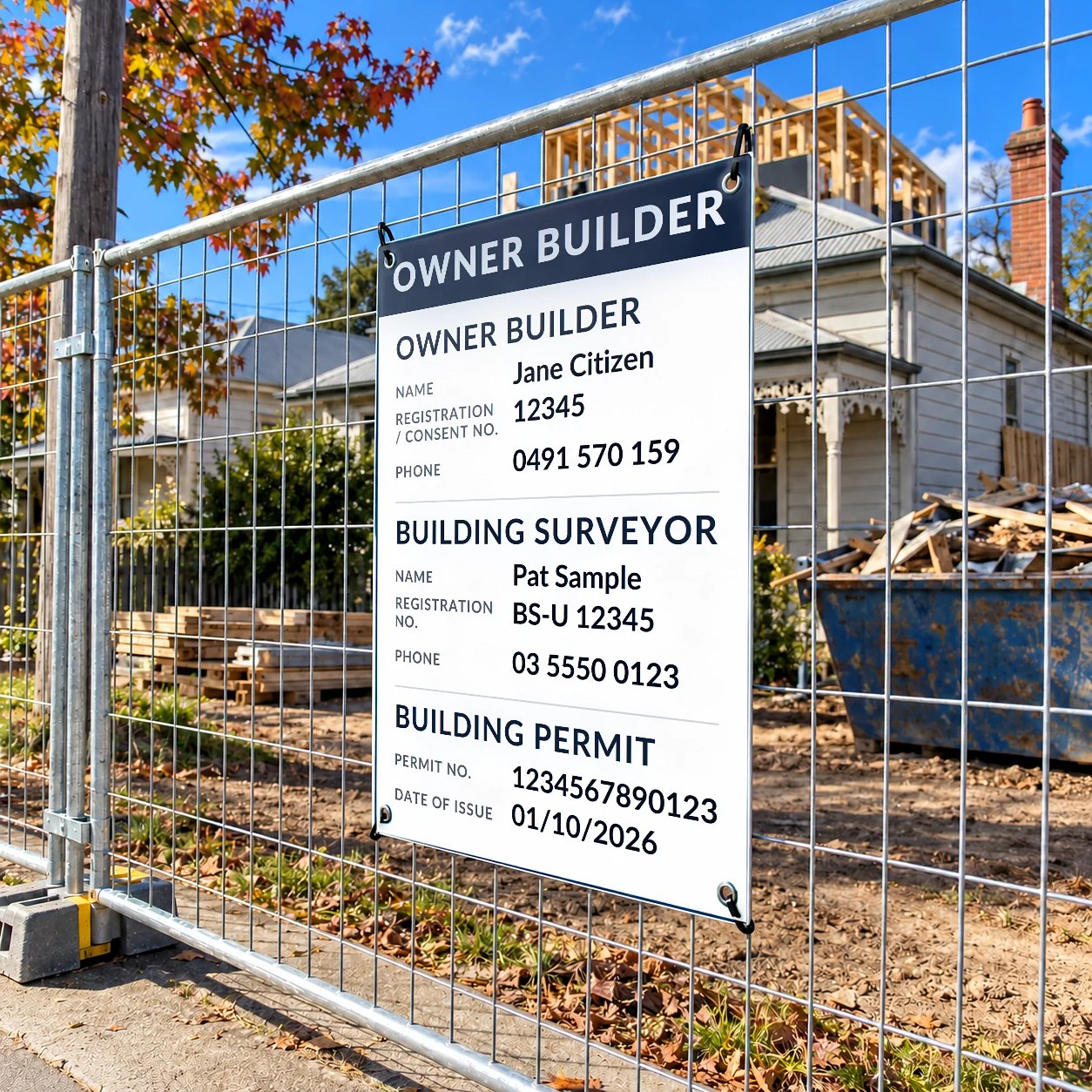 Victorian owner builder sign with surveyor and permit details cable tied to mesh fencing in front of a weatherboard cottage
