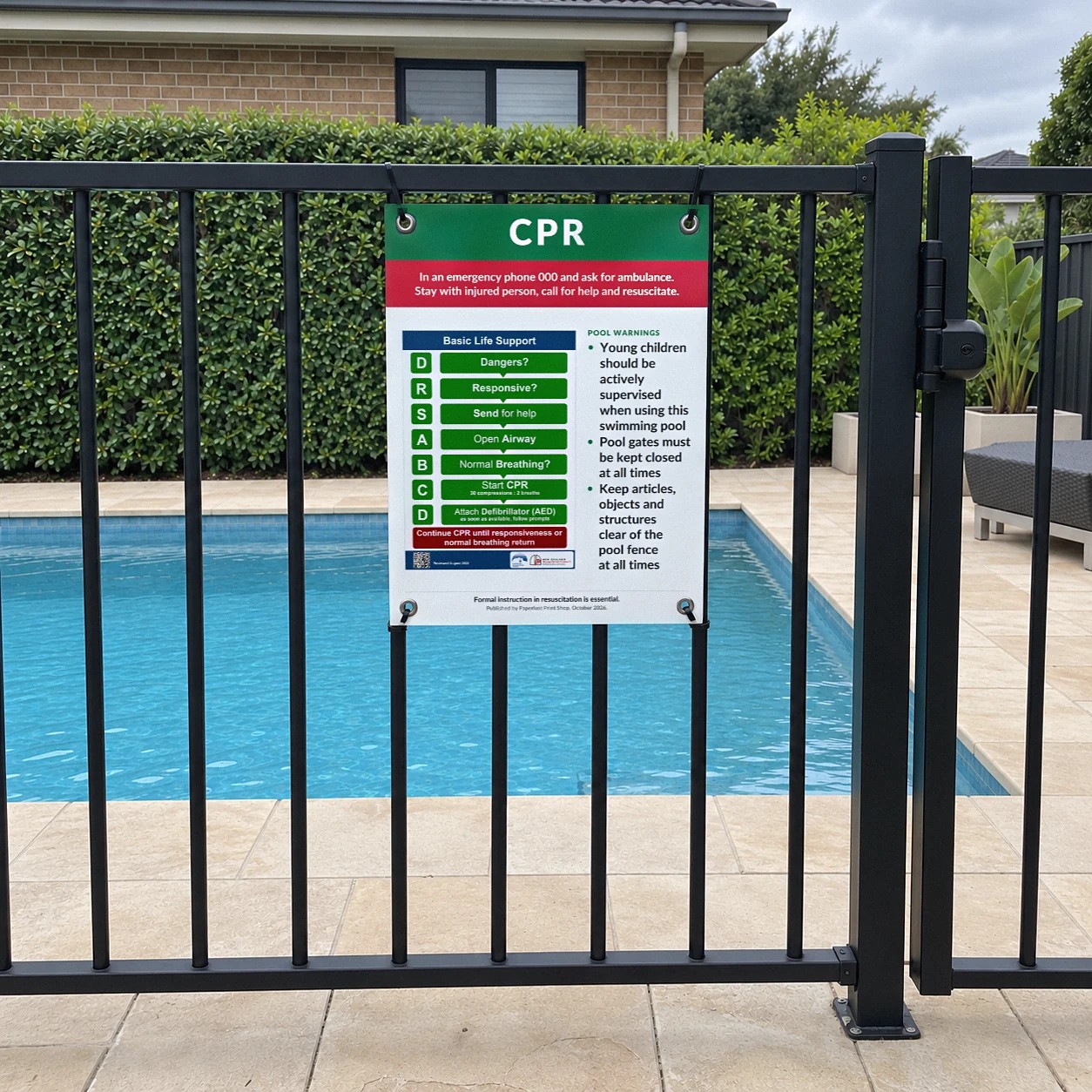 450 x 600mm corflute pool CPR sign in green, red and white, cable tied through silver eyelets to a black aluminium fence