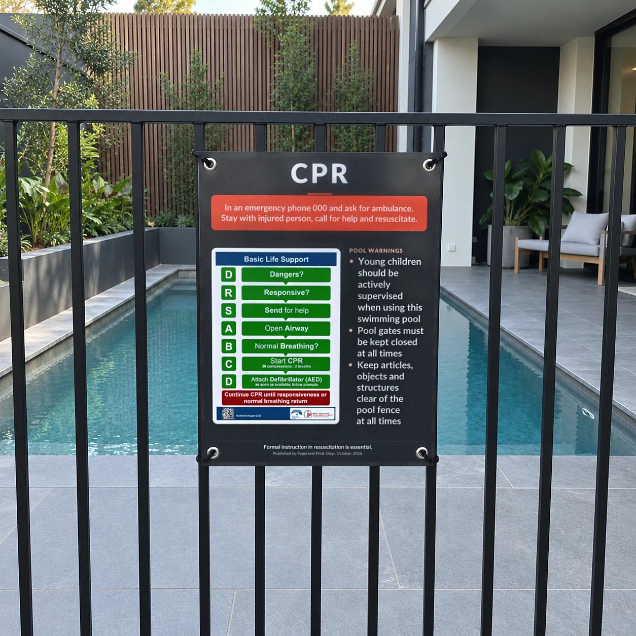 Close view of a charcoal CPR chart with a coral emergency panel and green flowchart, cable tied to a black fence
