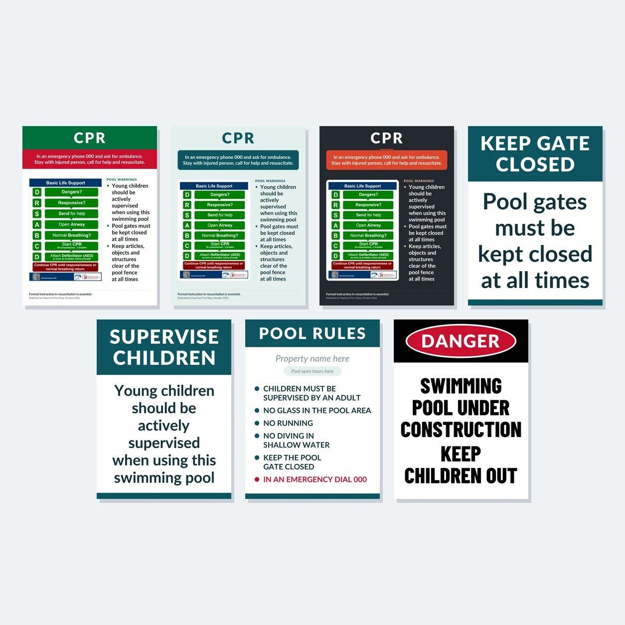 Pool safety sign layouts on a pale grey background, seven sign designs including CPR, gate, children and construction signs