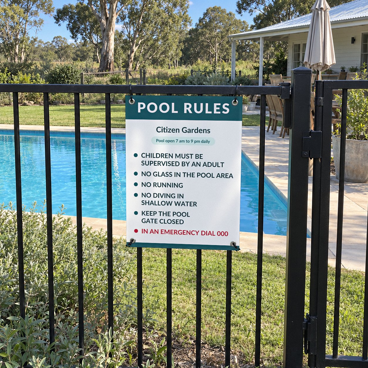 Corflute pool rules sign with teal header, fixed through silver eyelets with cable ties to a black tubular steel pool fence