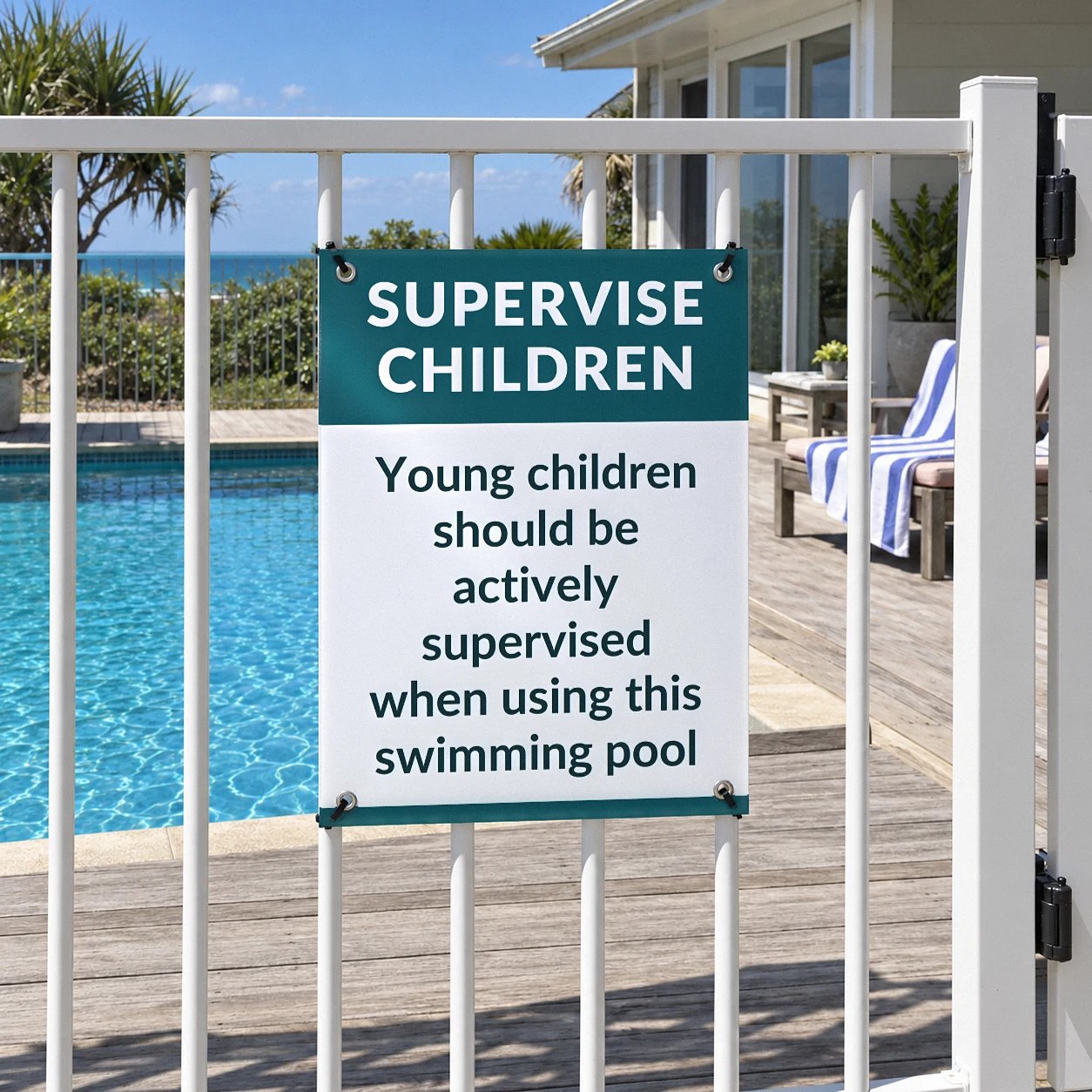 Supervise children sign on a corflute board with teal header, cable tied to a white aluminium pool fence near the ocean