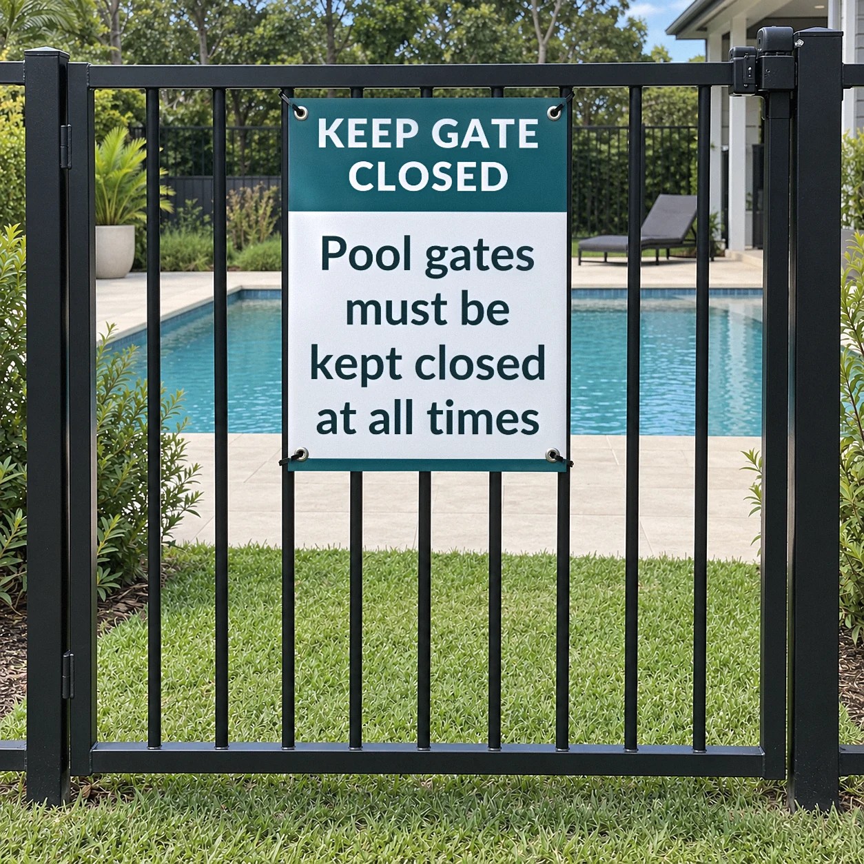 Keep gate closed sign with teal header cable tied to a black aluminium pool fence beside a self closing gate and latch post
