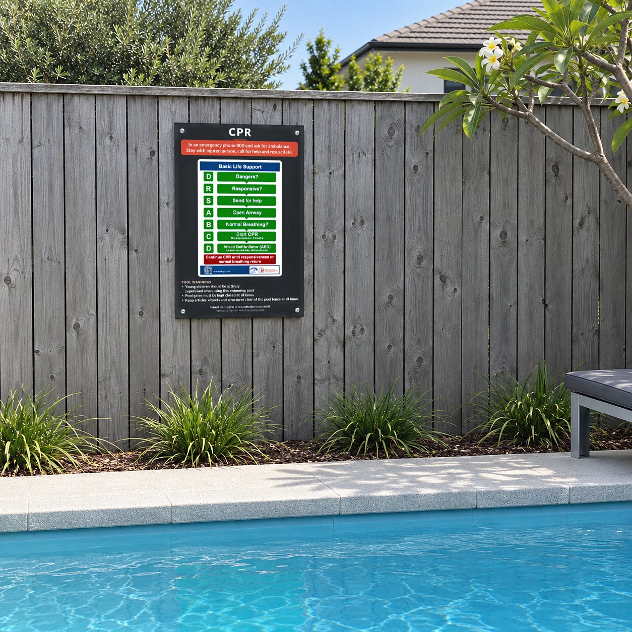 Charcoal CPR sign screwed to a grey timber paling boundary fence facing a pool