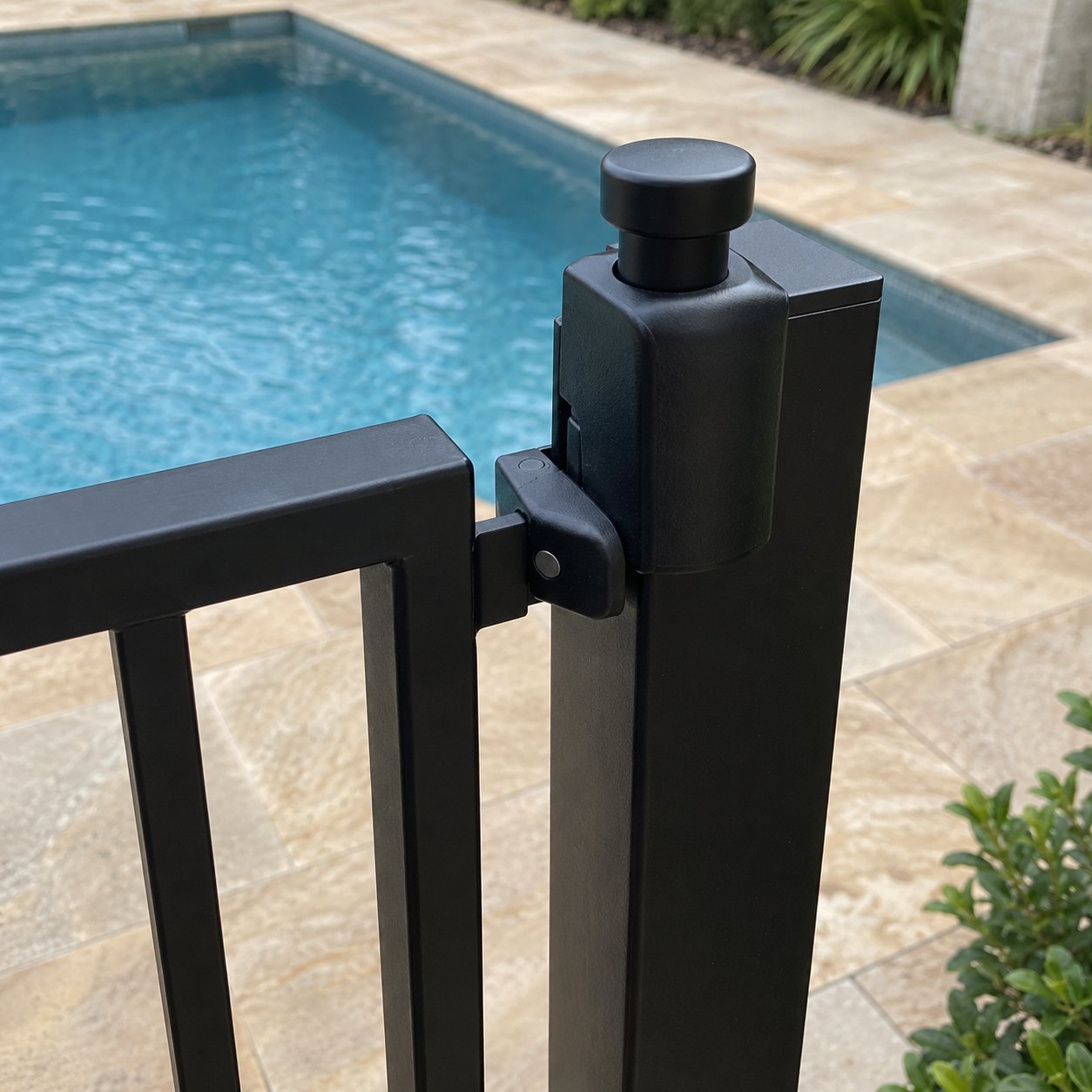 Pool gate latch on a shut black aluminium pool gate with round release knob and striker arm, blue pool water behind
