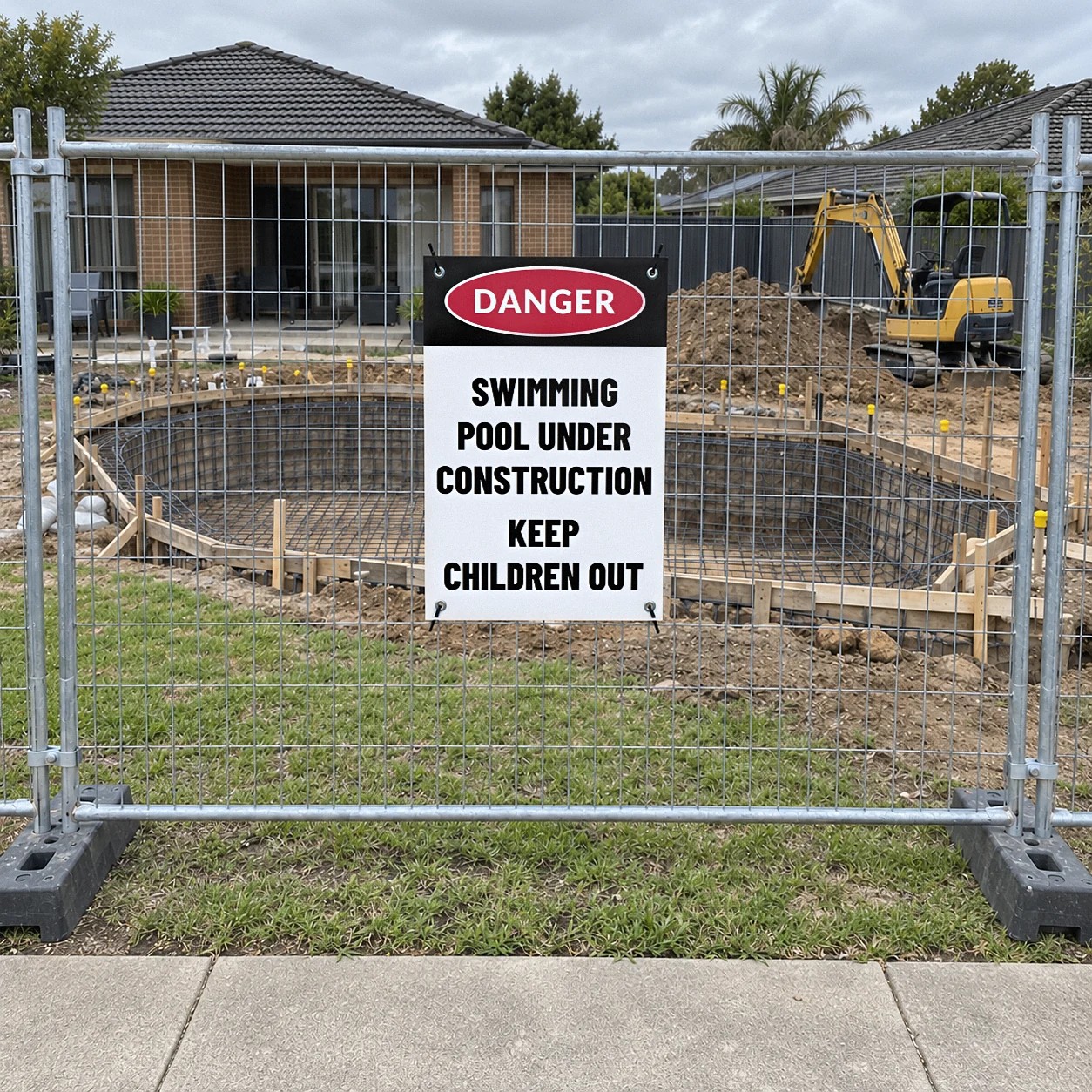 Pool under construction sign with red oval danger header, cable tied to galvanised temporary fencing