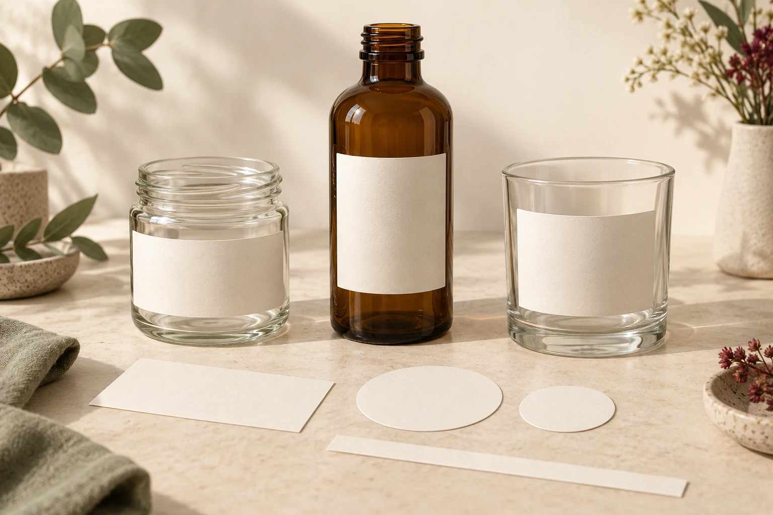 Neutral bottles and jars sit on a bench beside paper strips and circles used for label sizing.
