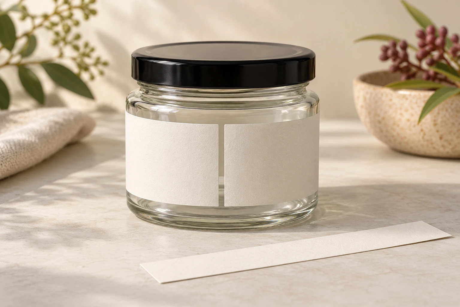 A paper strip wraps around a jar leaving an open seam gap, showing how a label clears the back edge.