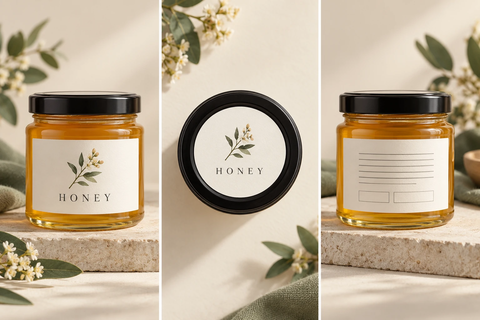 Three-panel illustration showing a honey jar front with a rectangular label, a top view of a round lid label and the back panel.