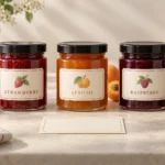 Three jam jars with strawberry, apricot and raspberry front labels, black lids and a blank label card on the bench.