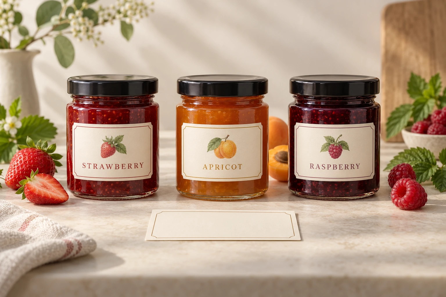 Three jam jars with strawberry, apricot and raspberry front labels, black lids and a blank label card on the bench.