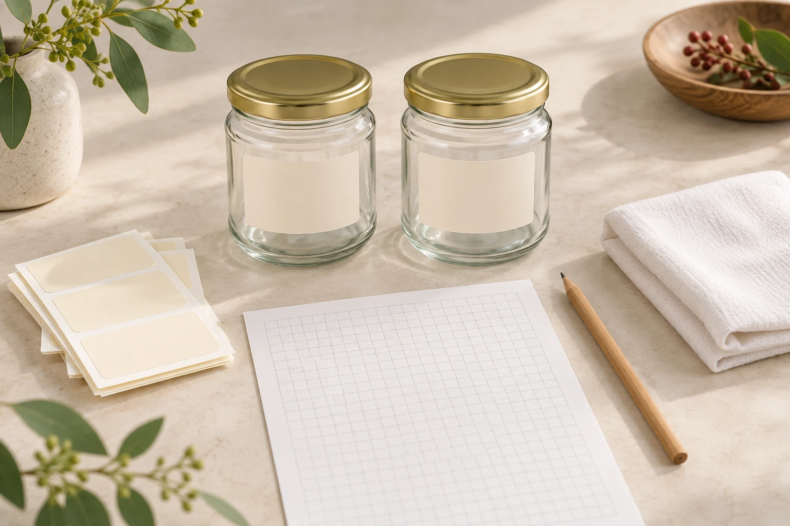 Blank test log, adhesive label samples and clean dry containers sit ready on a workbench for a sticker sample adhesion check.
