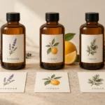 Illustrative planning scene with coordinated scent bottles and flat artwork cards showing label designs, placed on a workbench.