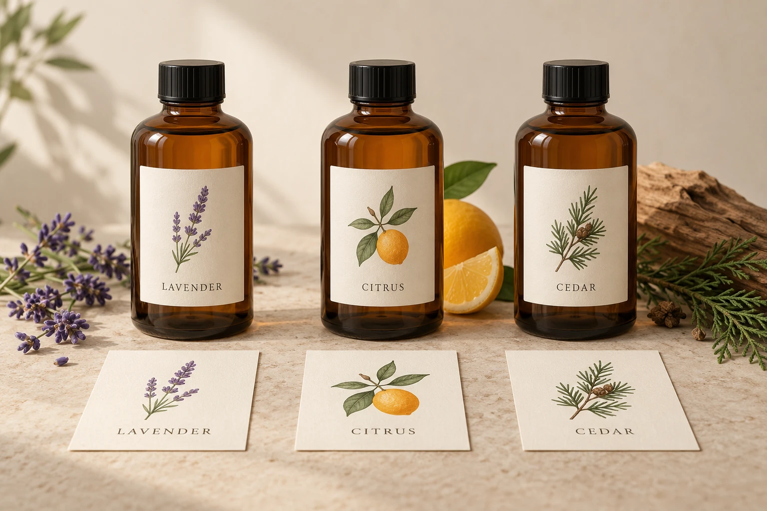 Illustrative planning scene with coordinated scent bottles and flat artwork cards showing label designs, placed on a workbench.