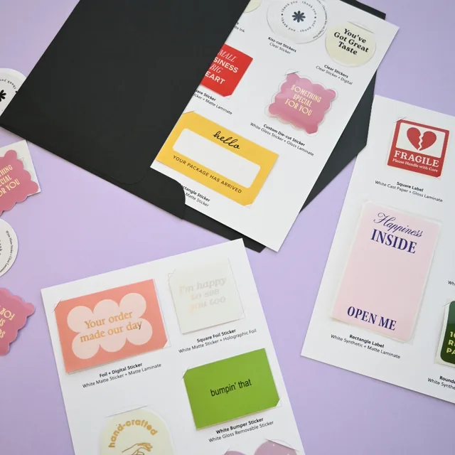 Sticker and Label Sample Pack printed by Paperlust Print Shop.