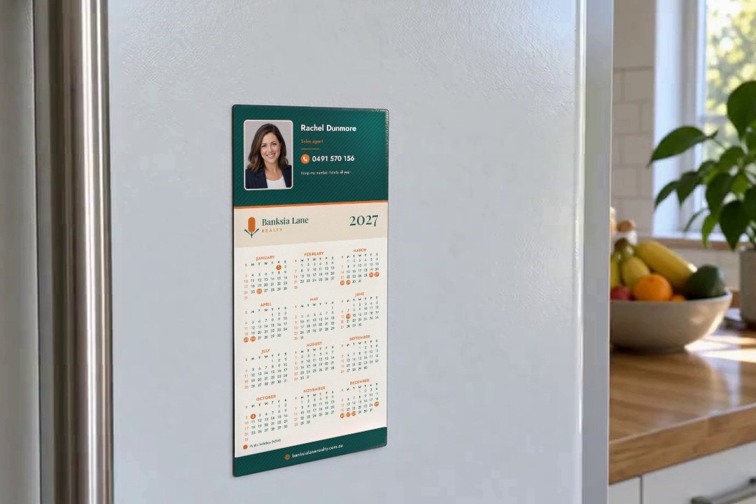 Fridge magnet calendar in Real estate agent layout with teal header and agent photo above twelve months on white fridge door