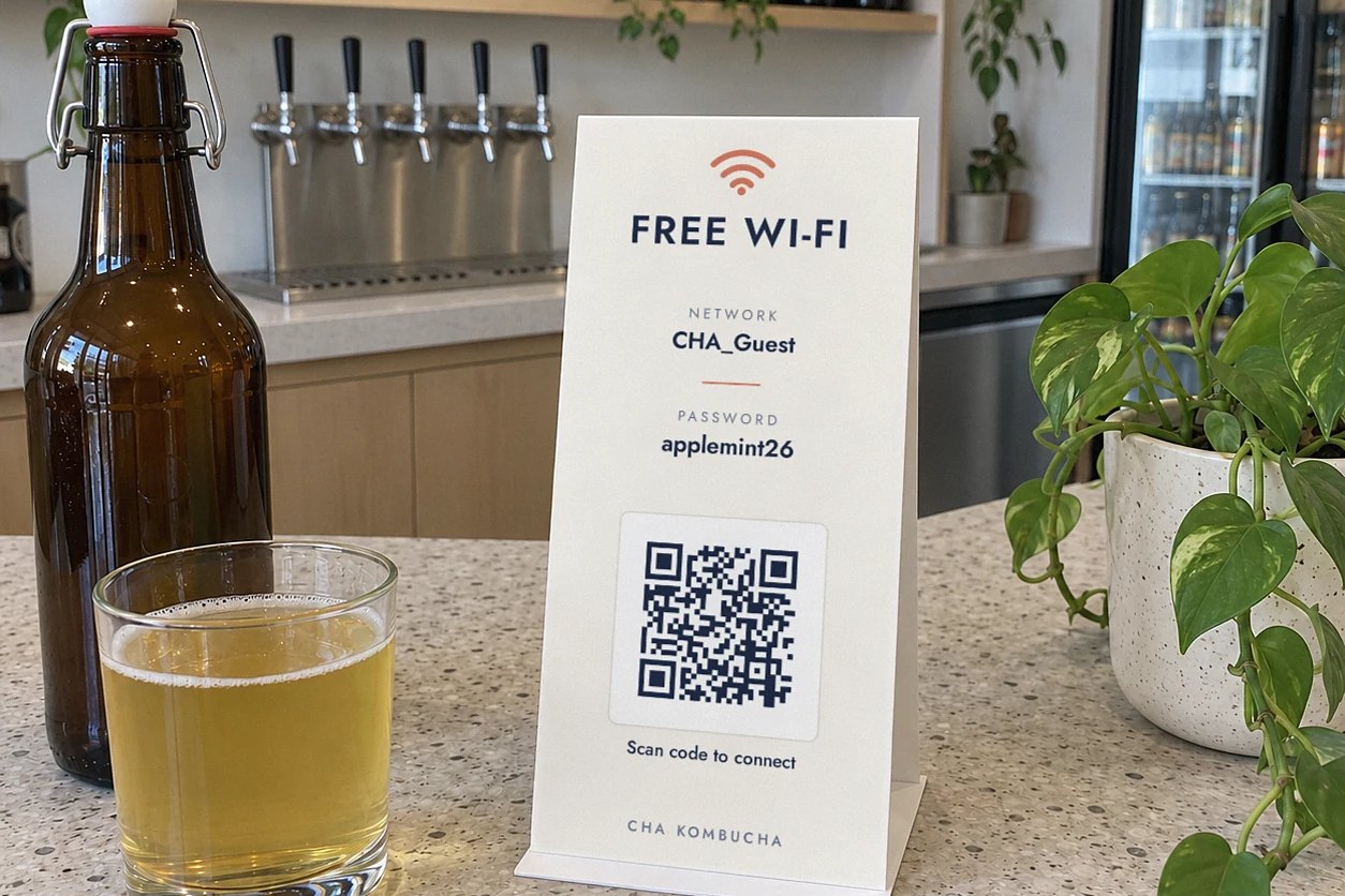 DL table talker on a terrazzo bar top, cream face reading FREE WI-FI, Wi-Fi QR code and printed network name and password
