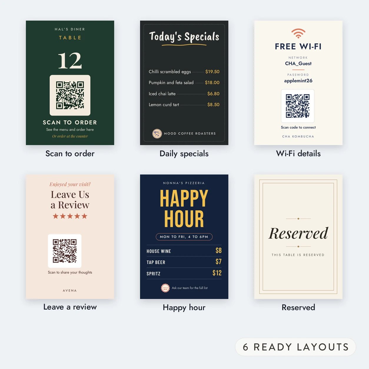 Six table talker layouts labelled Scan to order, Daily specials, Wi-Fi details, Leave a review, Happy hour and Reserved