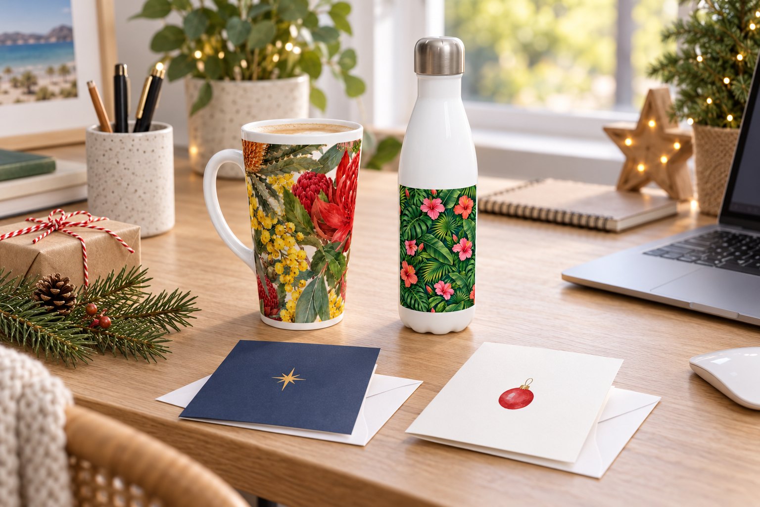 Corporate Christmas gifts including Tall Latte 17oz mug, white water bottle, folded cards and kraft gift