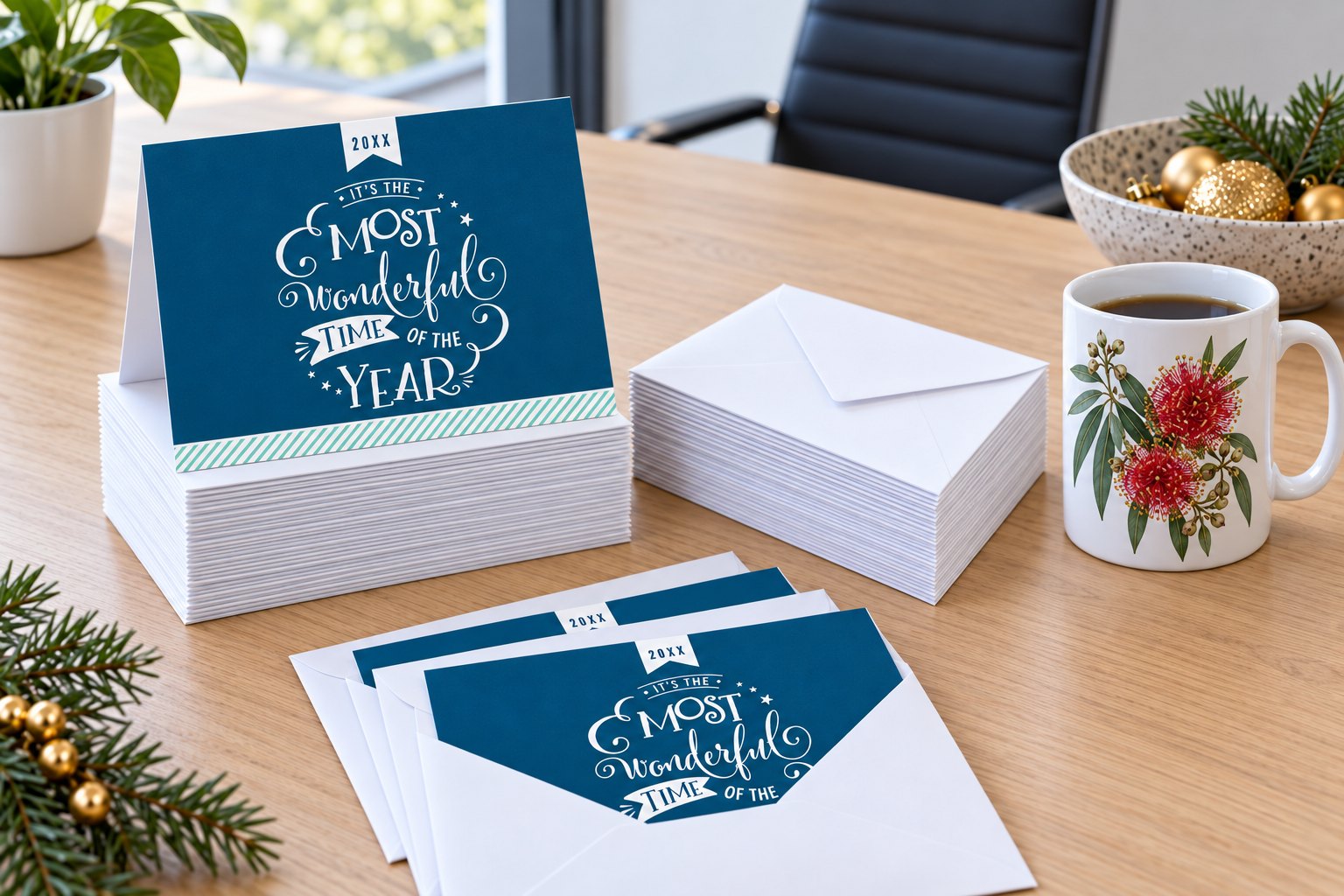 Navy corporate Christmas cards with mint bands on a light oak desk, Classic 11oz mug with red blossom and black coffee