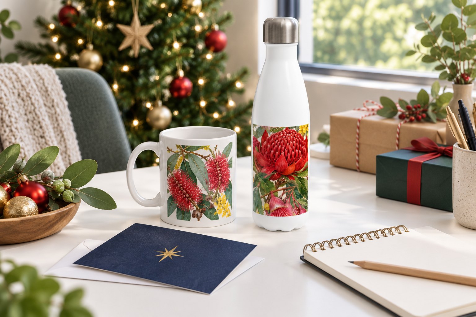 Stainless steel water bottle with silver screw cap and full-colour red native flowers front panel print on white desk