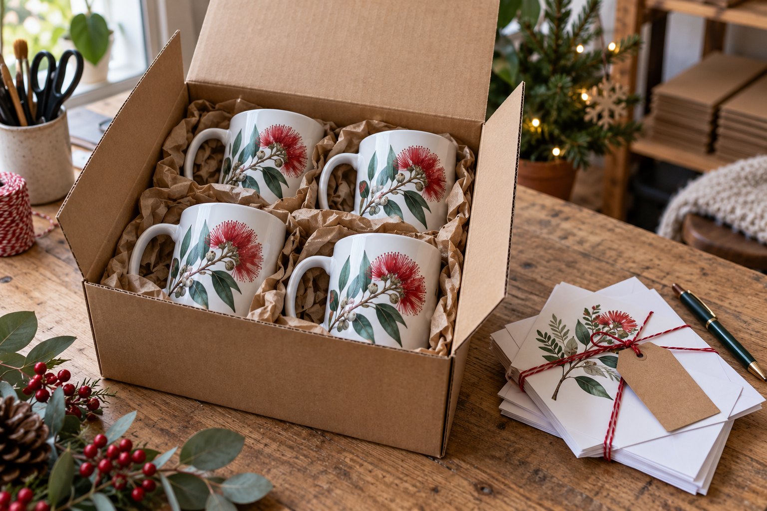 Open brown carton of Christmas gifts holding four Classic 11oz mugs with red native blossom and gum leaf print