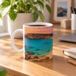 Classic 11oz mug with black coffee and turquoise beach cove print under pink sunset sky on oak desk, white handle left