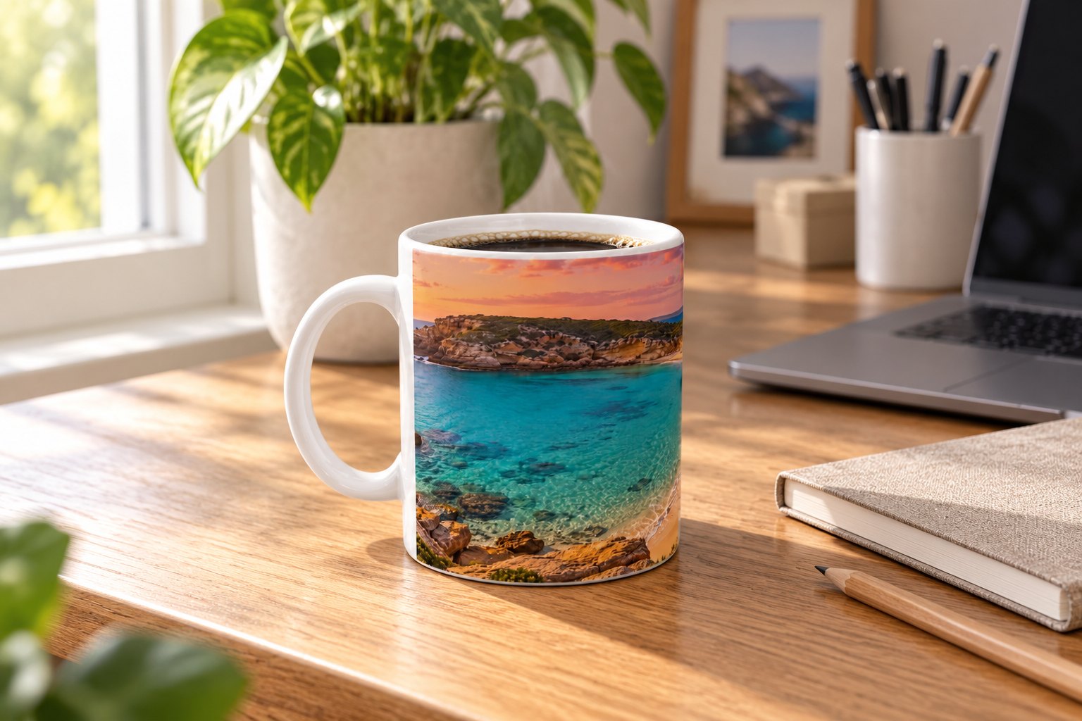 Classic 11oz mug with black coffee and turquoise beach cove print under pink sunset sky on oak desk, white handle left