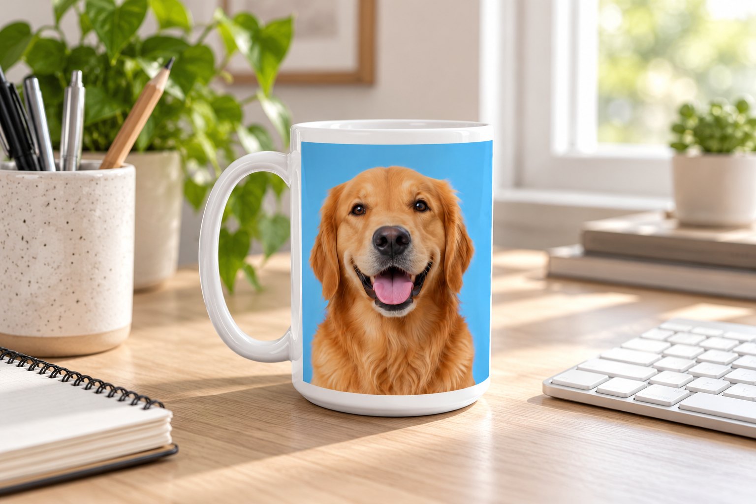 Large 15oz photo mug on a pale timber desk with full-colour smiling golden retriever print, white handle left