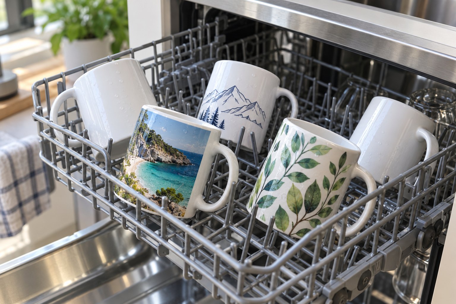 Five white ceramic mugs lean in the pulled-out dishwasher top rack, with three printed fronts and two plain white backs