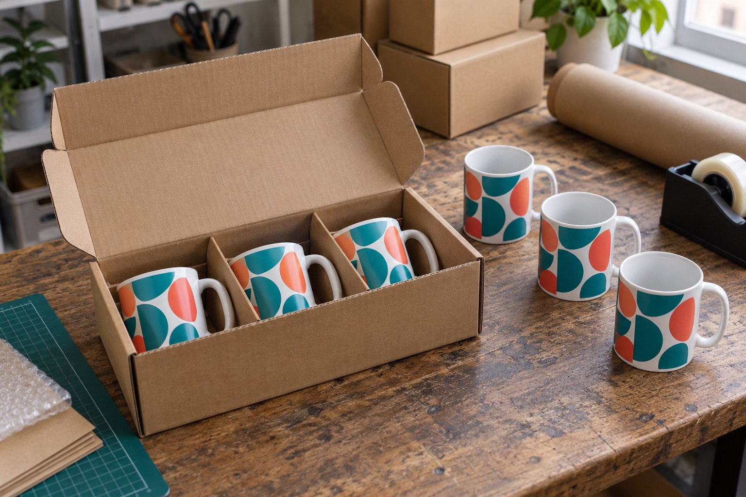 Six custom mugs with teal and coral circle and arc pattern, three in a brown box, three on a timber bench