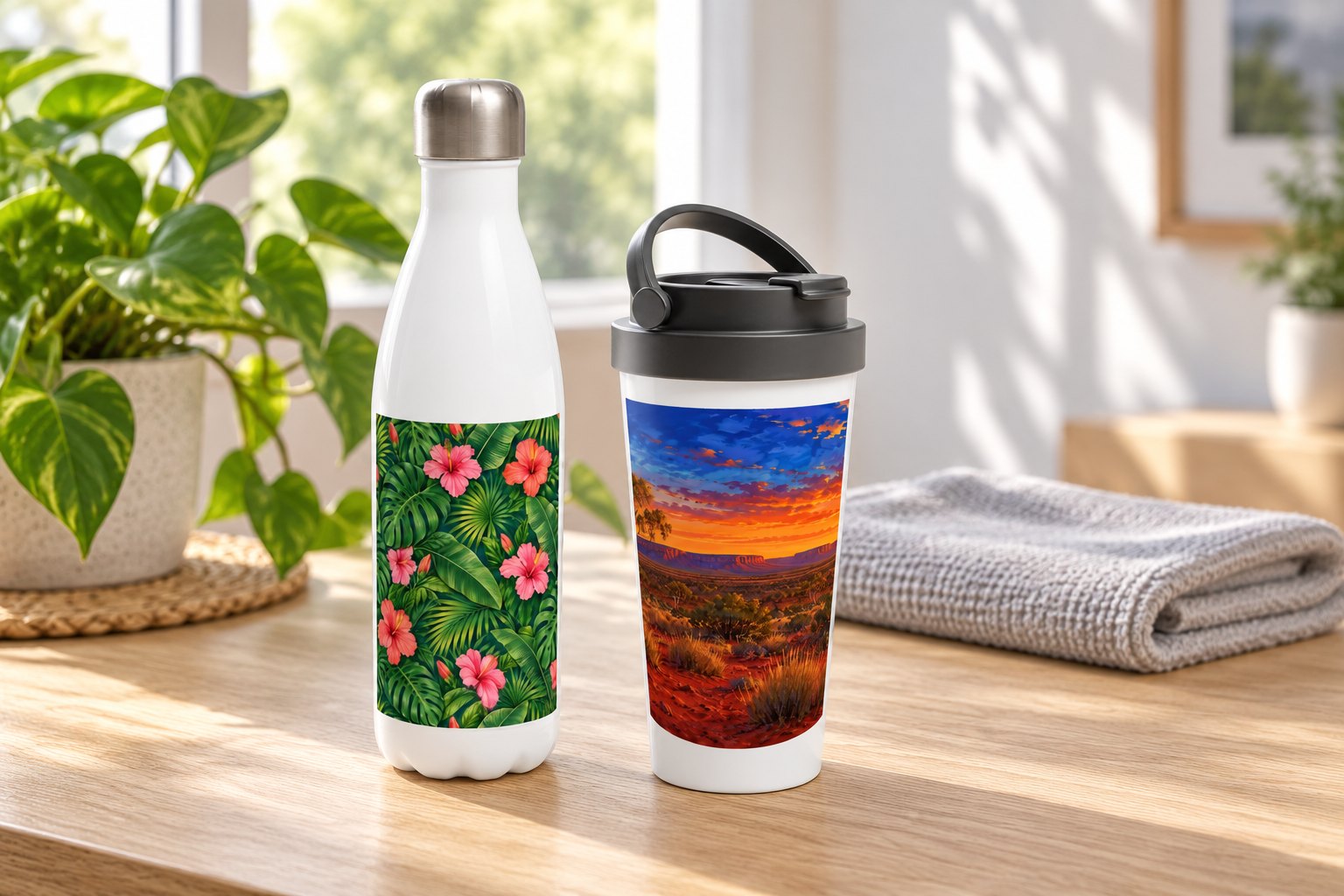 Custom water bottle with tropical leaves and pink hibiscus print beside white travel mug with outback sunset print