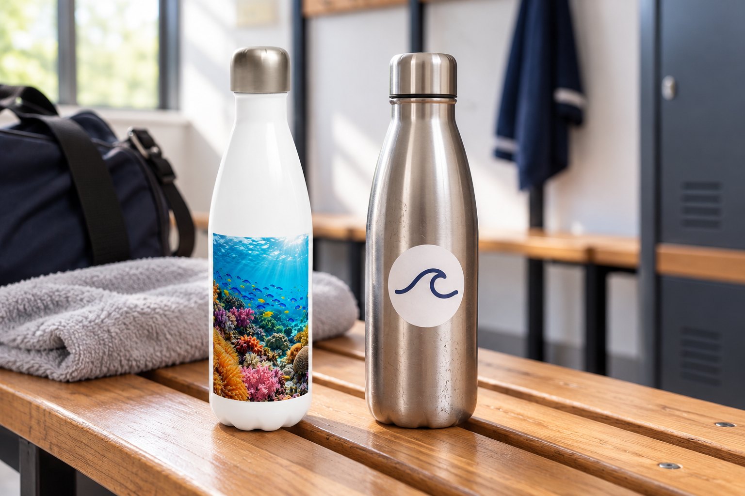 White stainless steel water bottle with coral reef print beside brushed steel bottle with round white vinyl sticker